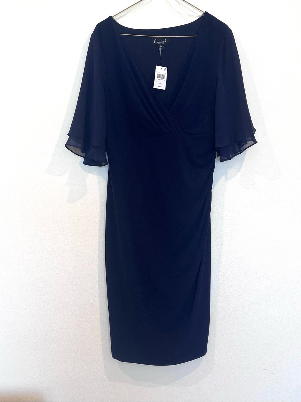 Connected Apparel  navy blue sheath dress with flutter  sleeves. Size 12P